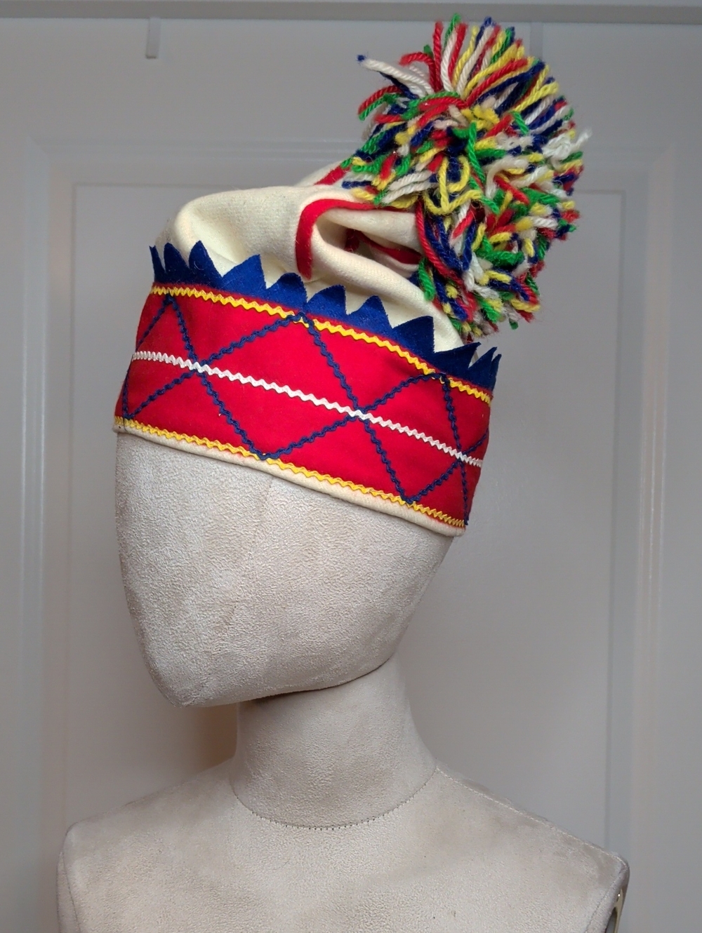 Vintage 60s Handmade Scandnavian Ski Cap Pom-pom Nordic Winter Wool Sami Style